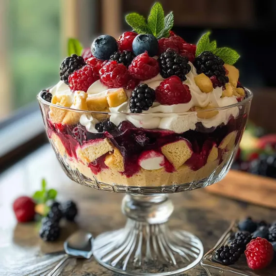 A glass bowl filled with berries and cream.