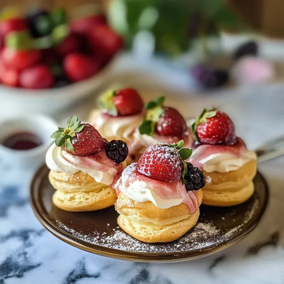 A plate of strawberry shortcake with strawberries on top.