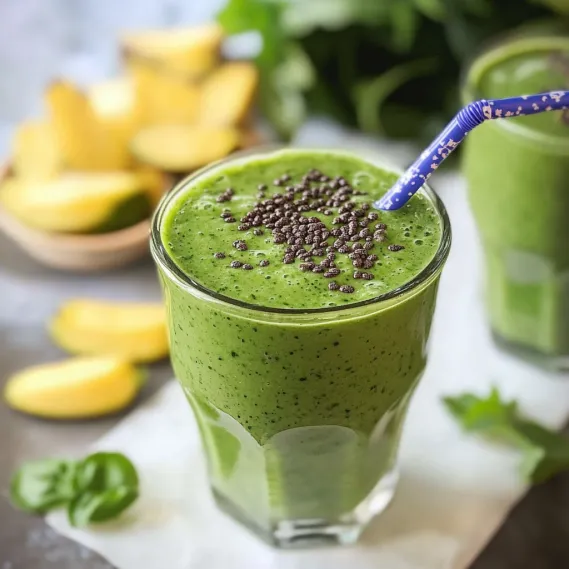 A glass of green smoothie with a straw in it.