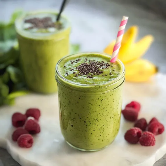 A glass of green smoothie with a straw.