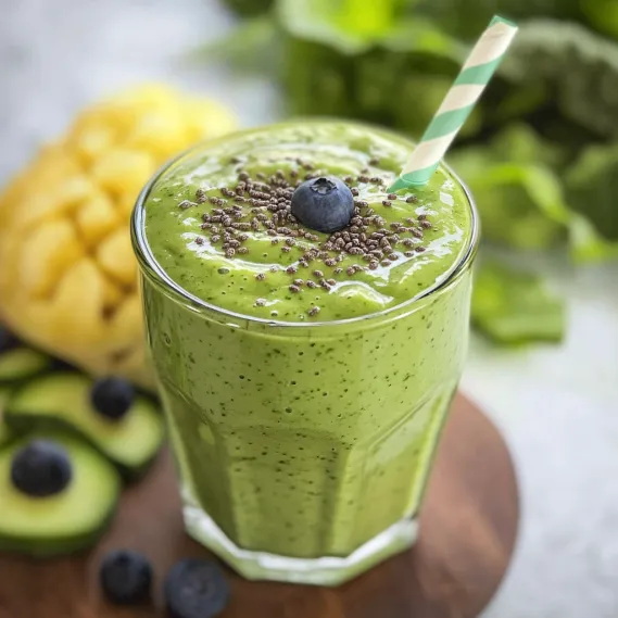 A glass of green smoothie with a blueberry on top.