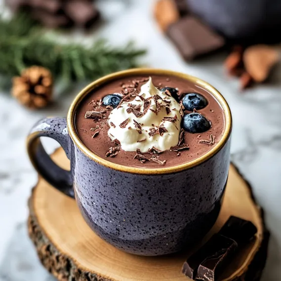 A cup of chocolate with whipped cream and blueberries.