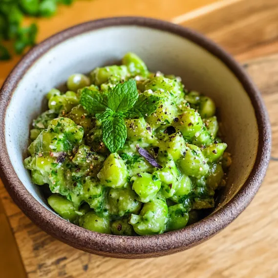 A bowl of green beans with mint.
