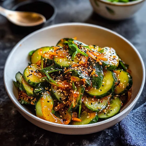 A bowl of food with cucumbers and sesame seeds.