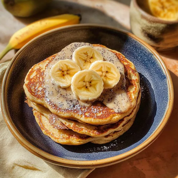 A stack of pancakes with bananas on top.