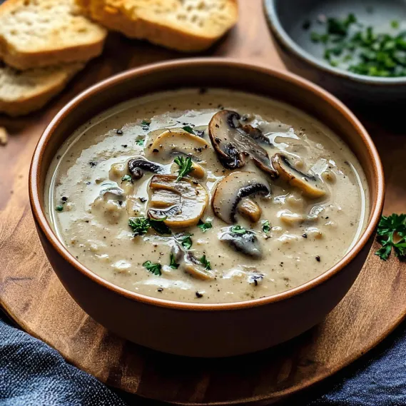 A bowl of soup with mushrooms and bread.