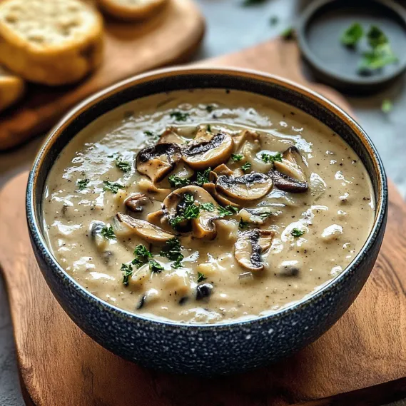 A bowl of soup with mushrooms and bread.