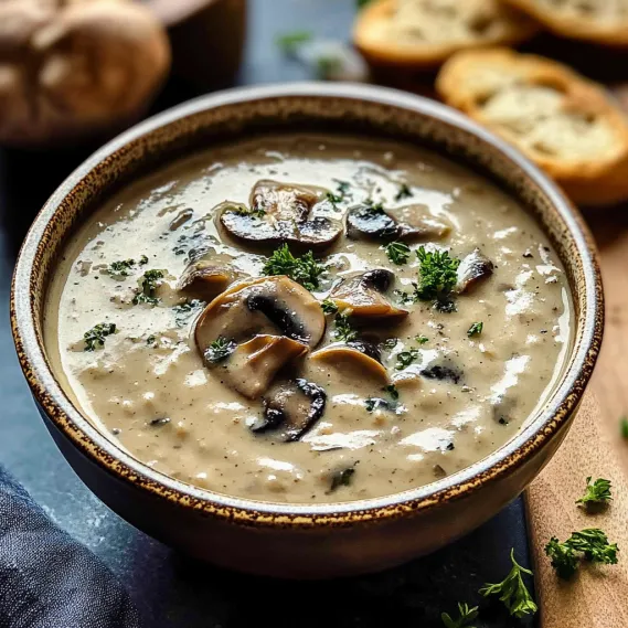 A bowl of soup with mushrooms and bread.