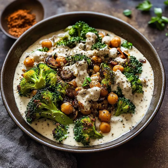 A bowl of food with broccoli and chickpeas.