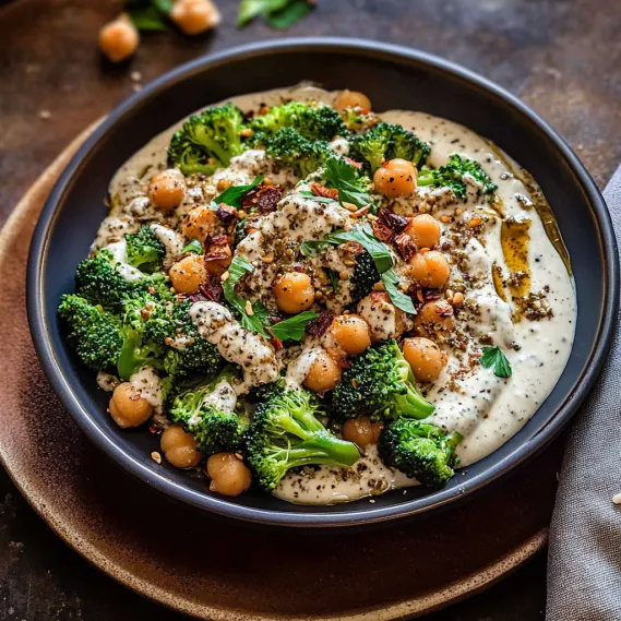 A bowl of food with broccoli and chickpeas.