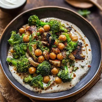 A bowl of food with broccoli and chickpeas.