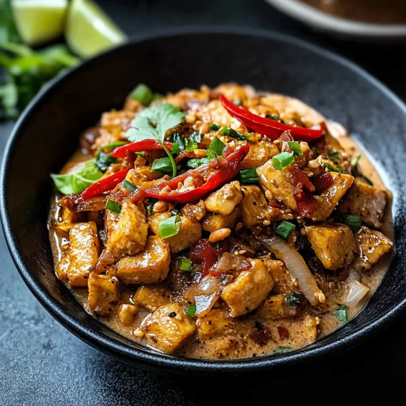 A bowl of food with red peppers and onions.