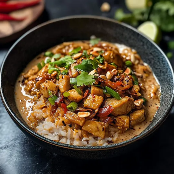 A bowl of food with rice and meat.