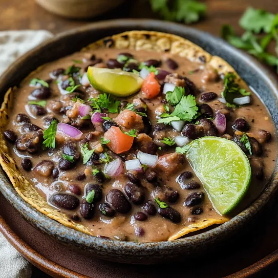 A bowl of beans with a slice of lime on top.