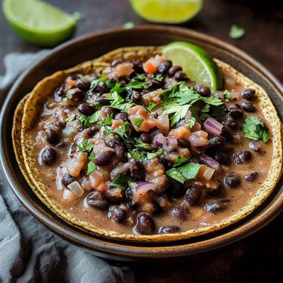 A bowl of food with limes and black beans.
