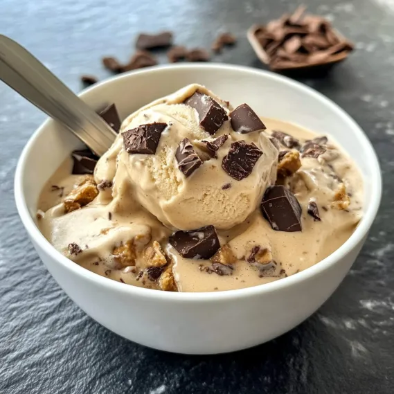 A bowl of ice cream with chocolate chips.