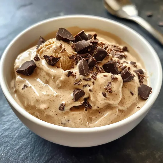 A bowl of chocolate ice cream with chocolate chips.