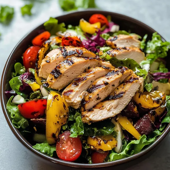 A bowl of salad with chicken and tomatoes.