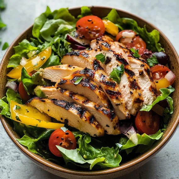 A bowl of salad with chicken.