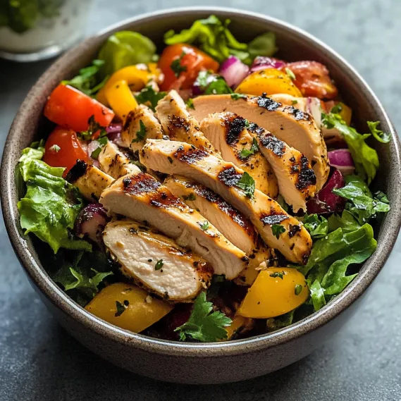 A bowl of chicken salad with tomatoes and onions.