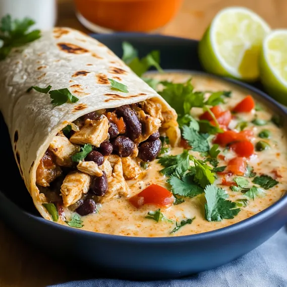 A bowl of soup with a wrap in it.