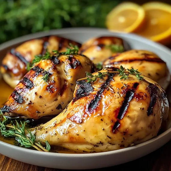 A plate of grilled chicken with herbs.