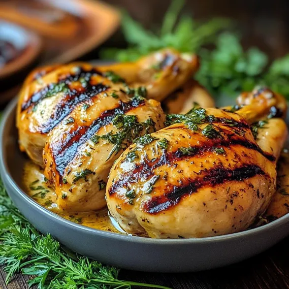 A plate of grilled chicken with herbs.