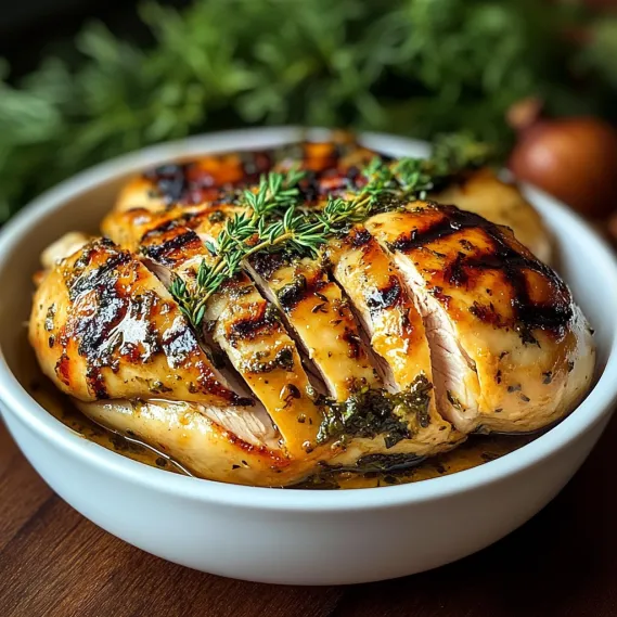A bowl of chicken with herbs.