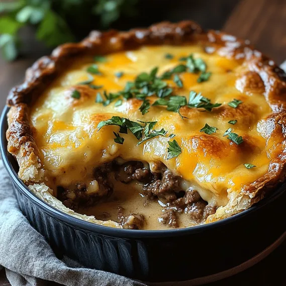 A close up of a cheese and meat pie.