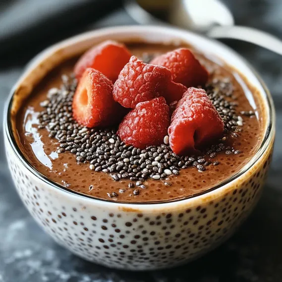 Bowl of chocolate with raspberries.
