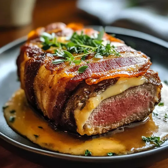A plate of food with bacon and cheese.