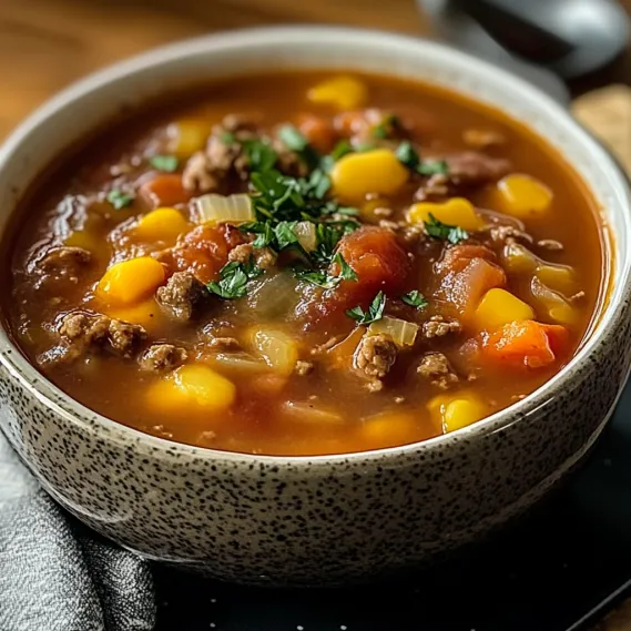 A bowl of soup with meat and vegetables.