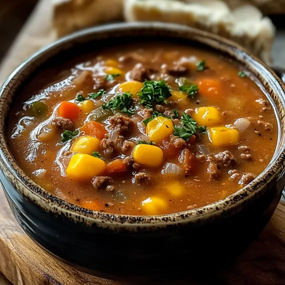 A bowl of soup with meat and vegetables.