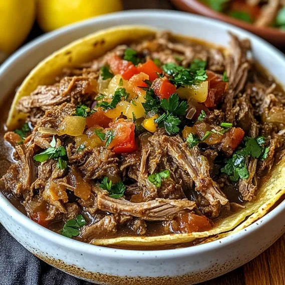 A bowl of beef stew with tomatoes and herbs.