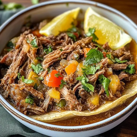 A bowl of beef stew with lemon wedges on top.