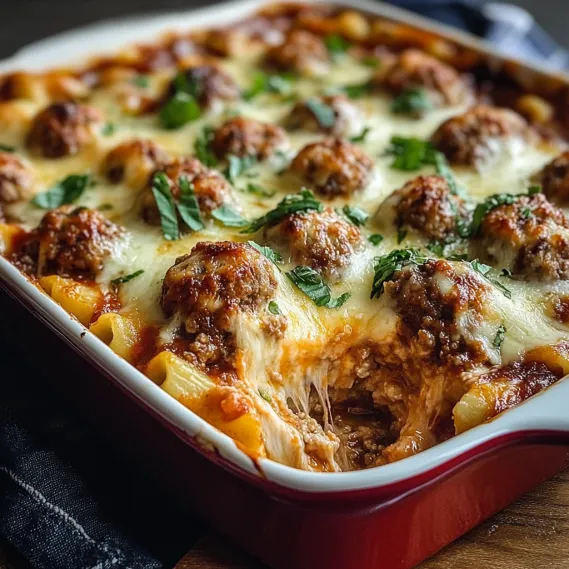 A dish of food with meatballs and pasta.