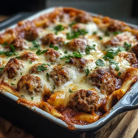 A pan of lasagna with meatballs and cheese.