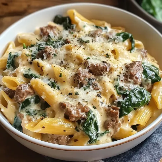 A bowl of pasta with meat and spinach.