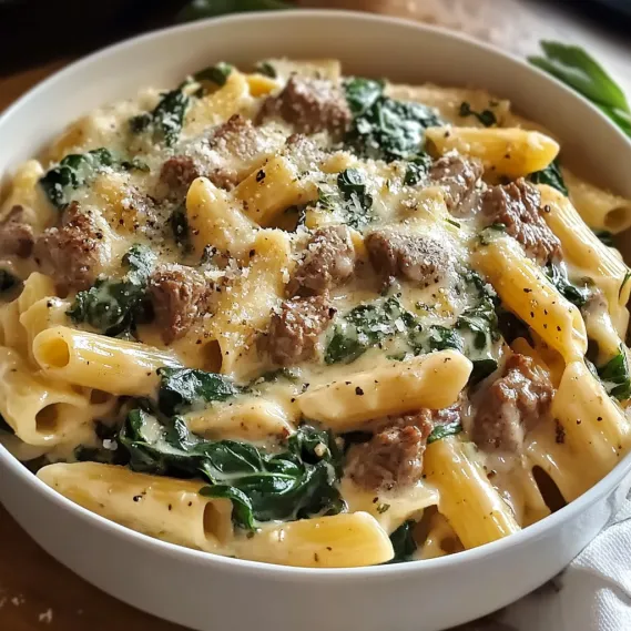 A bowl of pasta with meat and spinach.