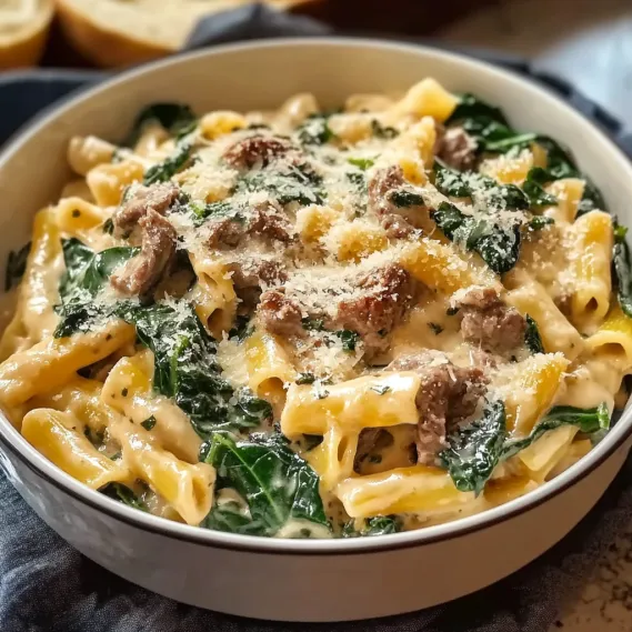 A bowl of pasta with meat and spinach.