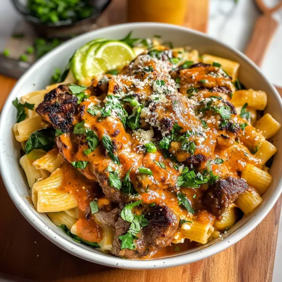A bowl of food with meat and pasta.