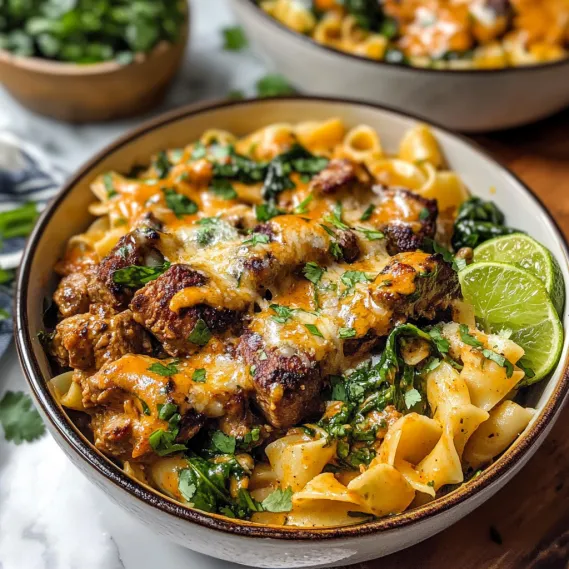 A bowl of pasta with meat and vegetables.