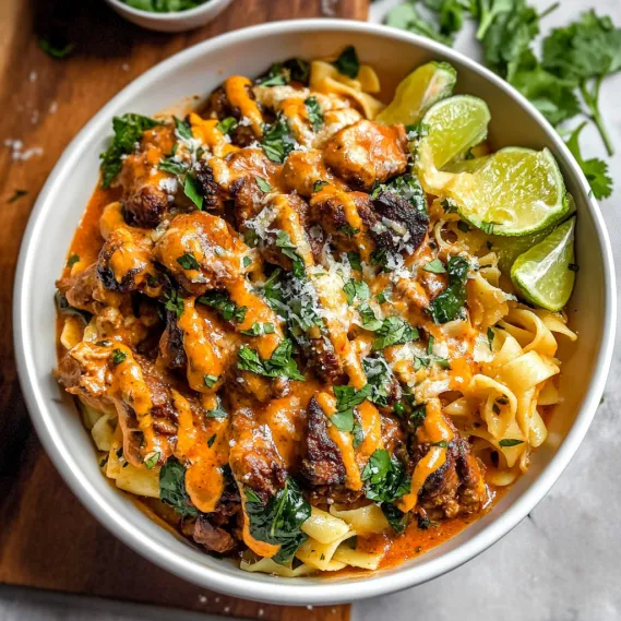 A bowl of pasta with meat and cheese.
