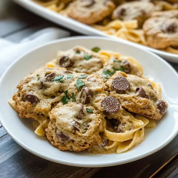 A plate of cookies and pasta.