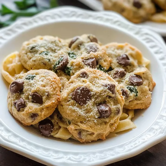 A plate of cookies with chocolate chips and green stuff on top.