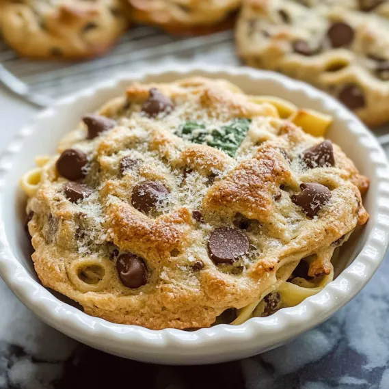 A bowl of cookies with chocolate chips and chocolate sauce.