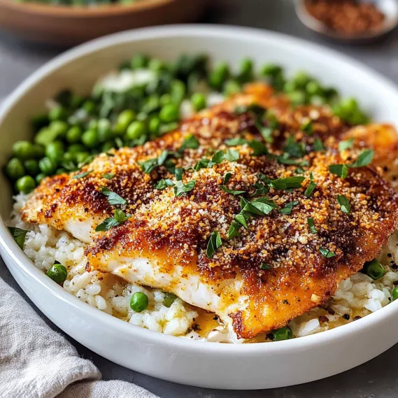 A bowl of fish with rice and peas.
