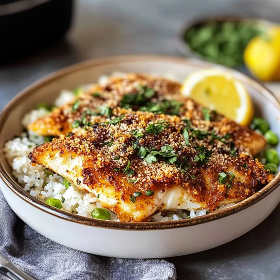 A plate of fish with rice and peas.