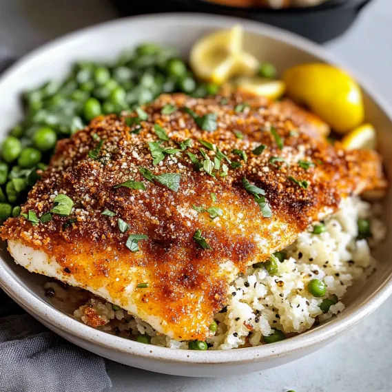 A bowl of food with fish and rice.