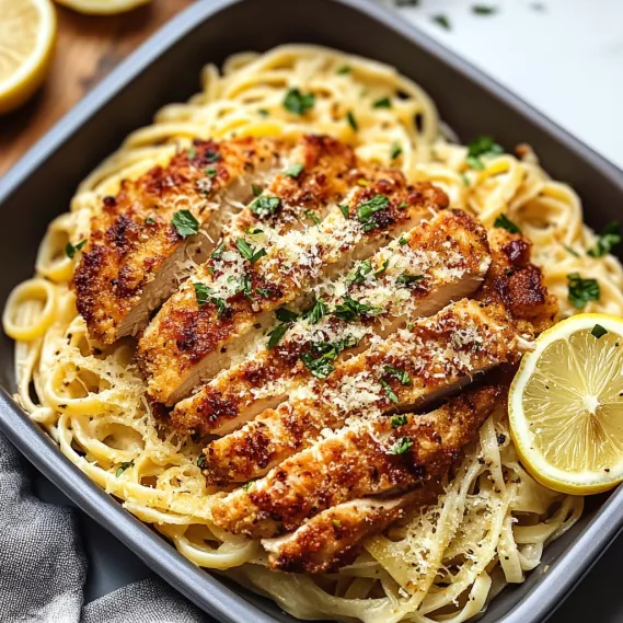 A bowl of pasta with chicken and lemon wedges.